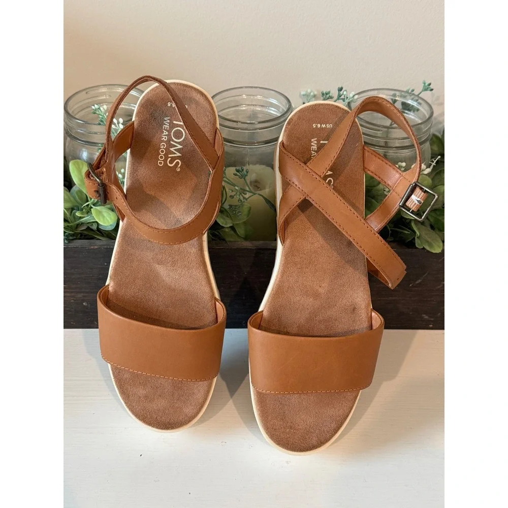 TOMS Diana Tan Brown Leather Platform Wedge Ankle Strap Sandals Womens 6.5